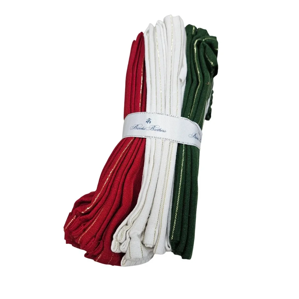 Brooks Brothers Napkins Set of 12 Red Green Cream Gold Pinstripe Holiday Table